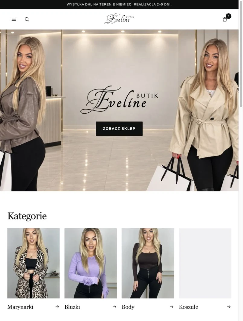 Rzeczywista strona główna Eveline Butik w widoku na tablet