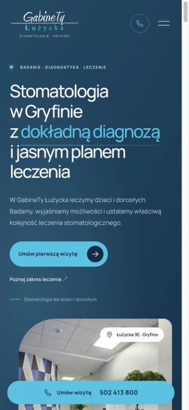 Strona gabinetu stomatologicznego GabineTy Łużycka na telefonie