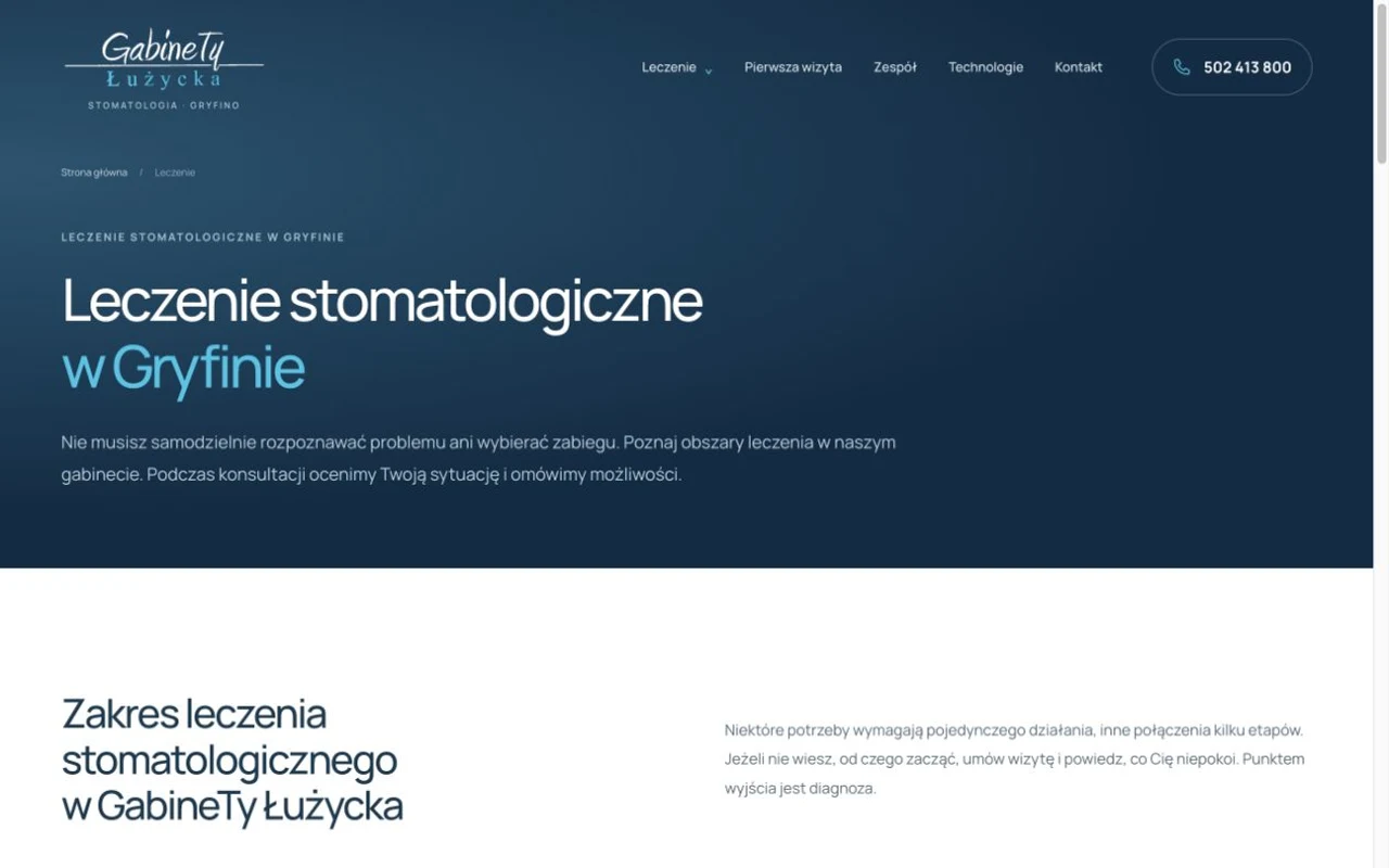 Rzeczywista podstrona usług stomatologicznych GabineTy Łużycka