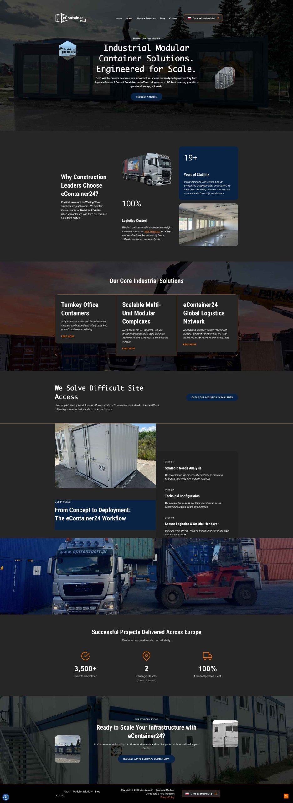 Widok strony eContainer24.com: oferta międzynarodowa