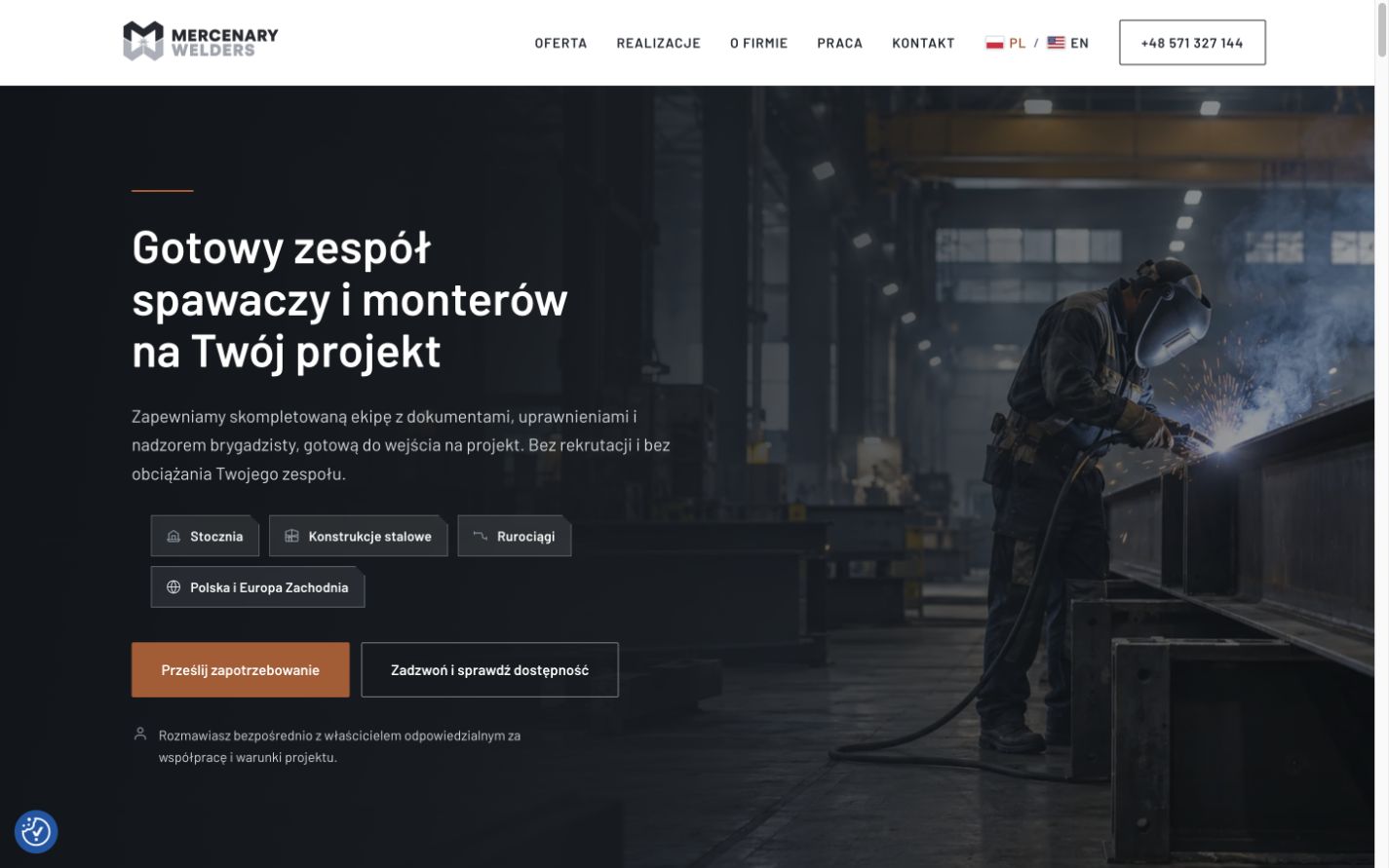 Widok strony Mercenary Welders