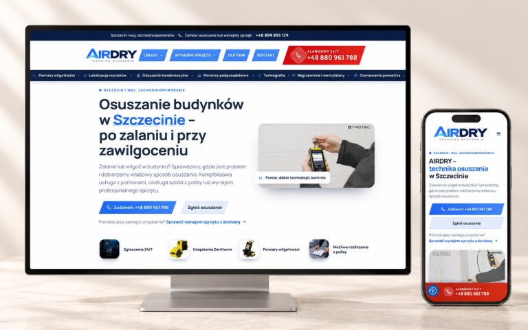 Strona AirDry z ofertą osuszania w Szczecinie, pokazana na monitorze i telefonie